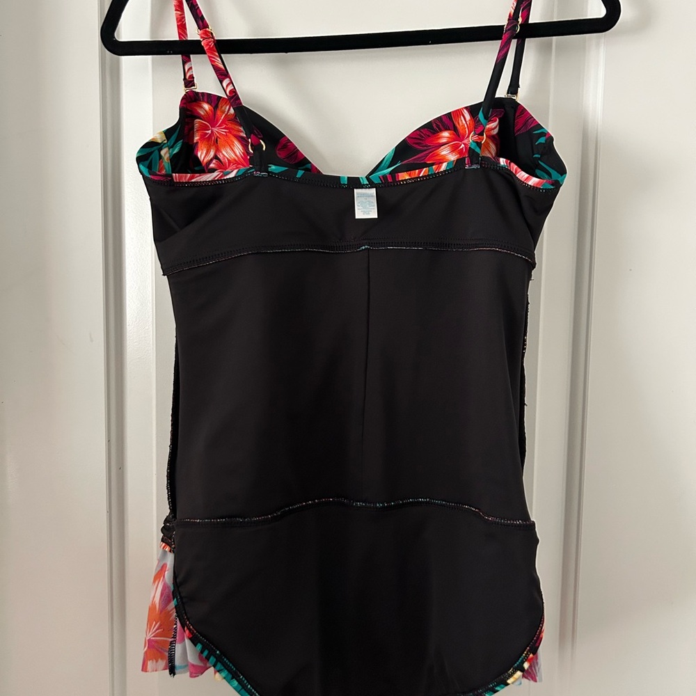 Tropical Escape Black One-Piece Swimsuit with Pink, Red and Yellow Floral Print - Picture 7 of 11